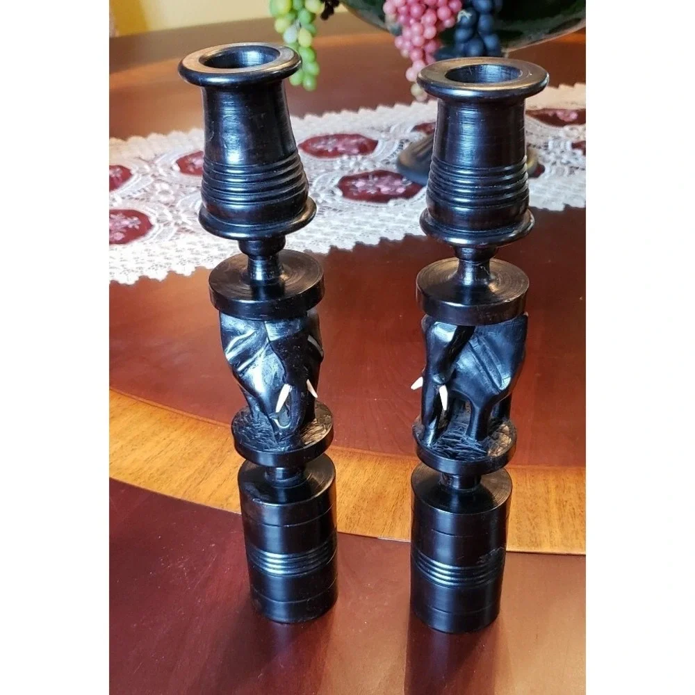 Pair of Hand Carved Ebony Wood African Elephants Candlesticks/Candle Holders